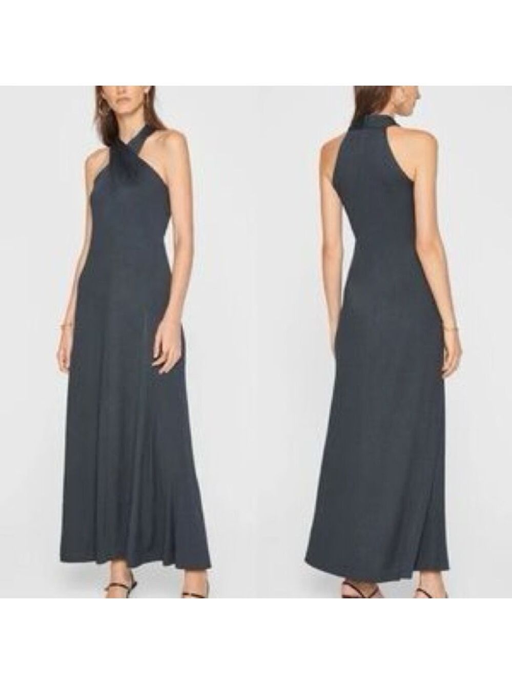 Club Monaco Dark green ribbed knit high twist neck Halter midi maxi dress Sz S